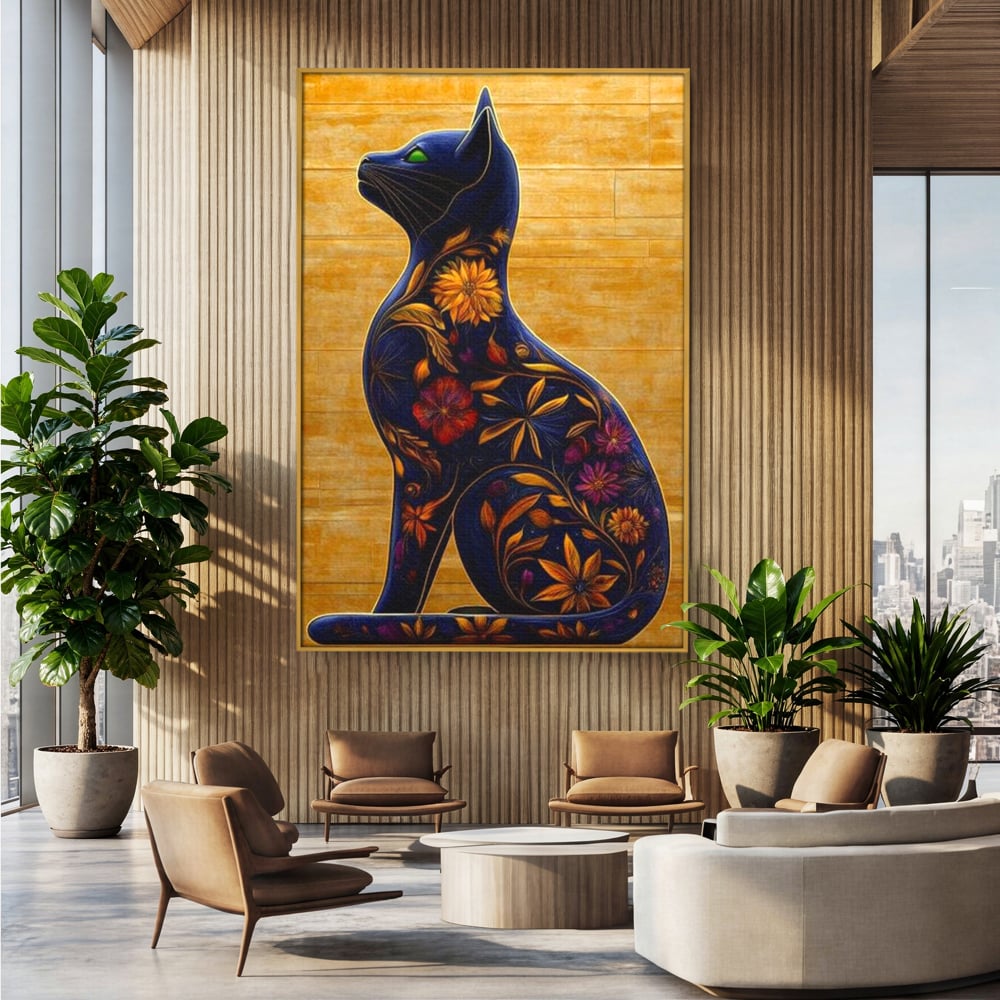 Tablou canvas cu tablou canvas cu pisica albastra decorata cu flori, in rama de aluminiu auriu, pe perete intr-un birou